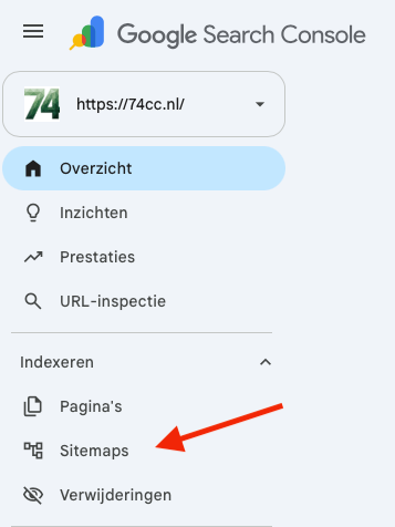 Menu van Google Search Console met de optie Sitemaps