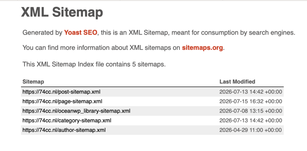XML-sitemap van een WordPress-website geopend in de browser